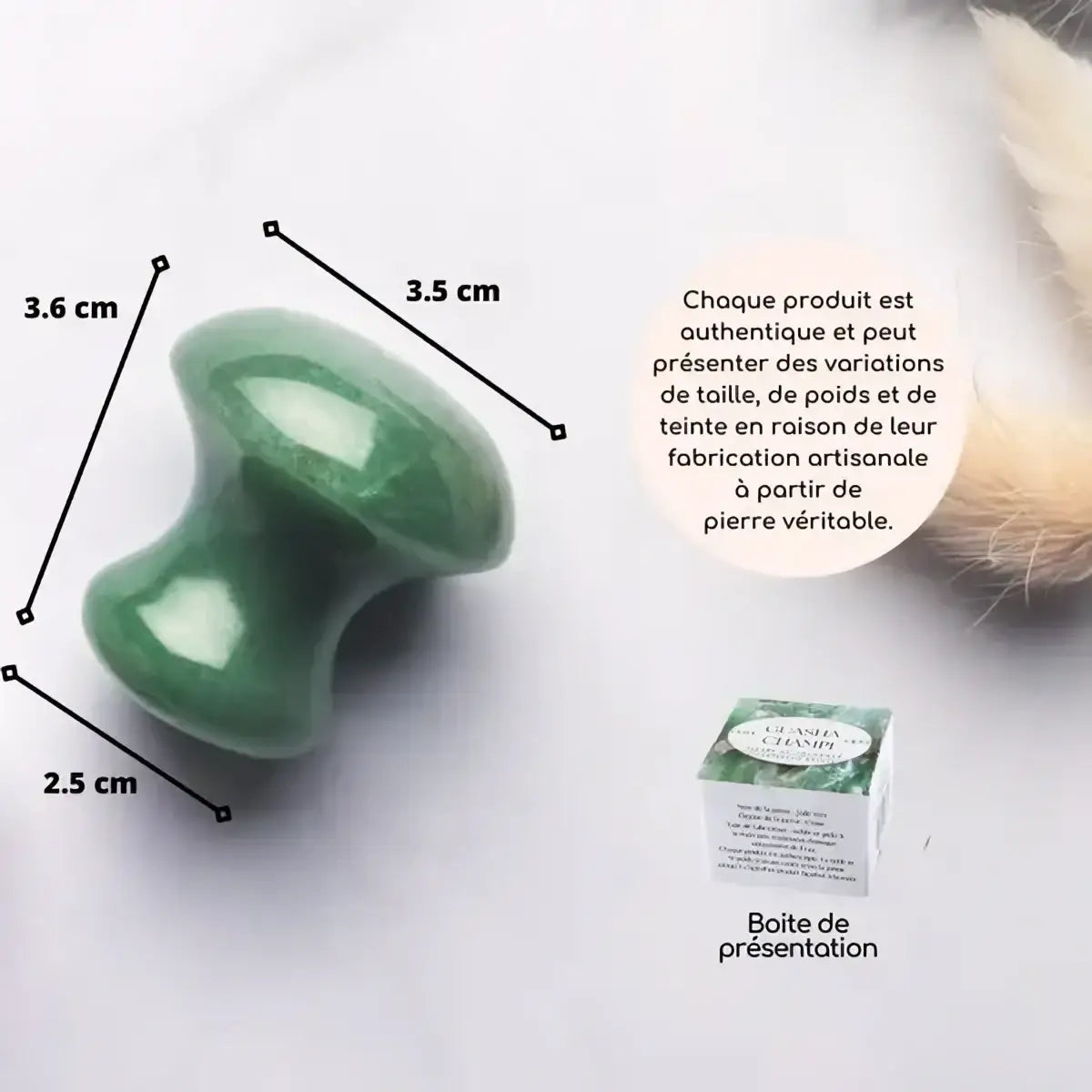 Grüner Jade Gua Sha Mushroom für Gesichtsmassage und Lymphdrainage, von Zen'Arôme, zeigt das glatte, mushroomförmige Werkzeug.