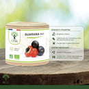 Ein zylindrischer behälter guarana bio kapseln mit naturkraftpapierdeckel grünem etikett und guarana beeren für energie aus mana shop