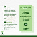 Grünes rechteckiges panel mit logos und text zu guarana bio kapseln für energie im mana shop dargestellt