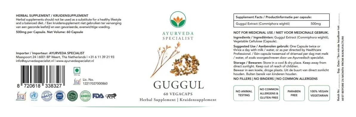Guggulu Nahrungsergänzungsmittel von Ayurveda Specialist B.V. mit Kräuterformel, zeigt die Verpackung und Kapseln.