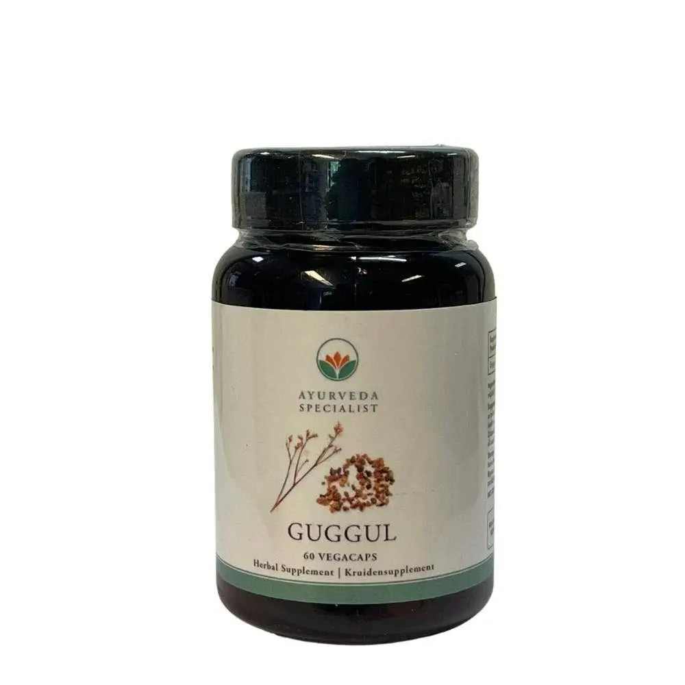 Guggulu Nahrungsergänzungsmittel in Packung mit Kräuterformel, Ayurveda Specialist B.V., natürliche ayurvedische Kräuter.