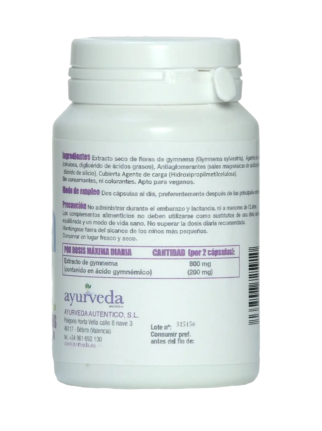 Gymnema Sylvestre Kapseln von Ayurveda Auténtico, Nahrungsergänzung zur natürlichen Blutzuckerregulierung, in einer braunen Flasche