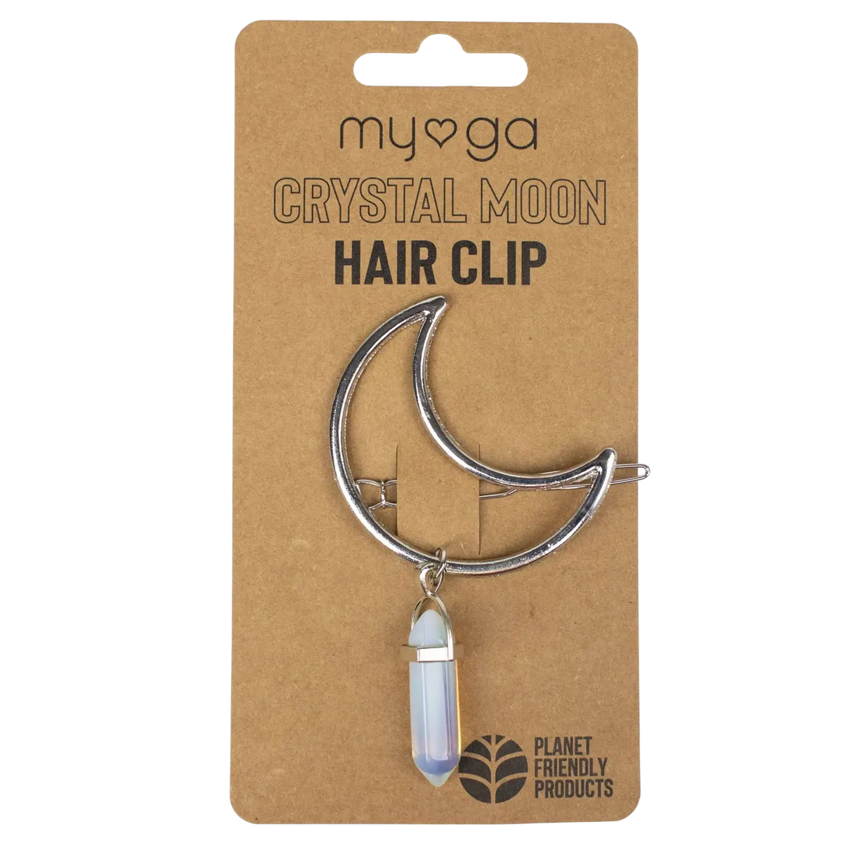 Silberne Haarklammer mit Mondsichel-Design von Myga Eco, dekorativ in den Haaren getragen.