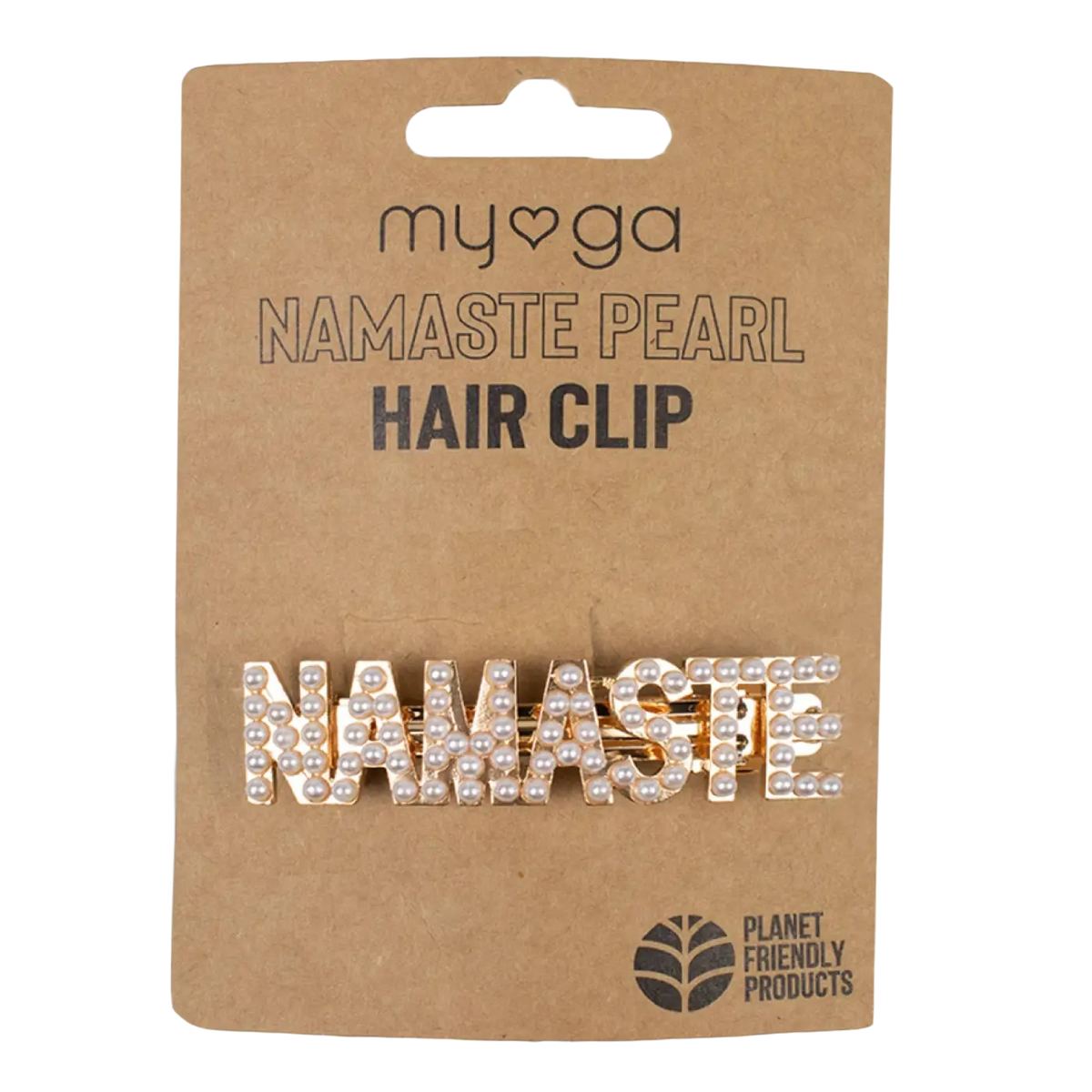 Goldene Haarspange von Myga Eco mit weißen Perlen, zum Fixieren der Haare, im natürlichen Haarstil, mit Namaste-Motiv.