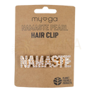 Goldfarbene haarspange mit weißen perlen mit dem schriftzug namaste für dein haar von mana shop myga eco