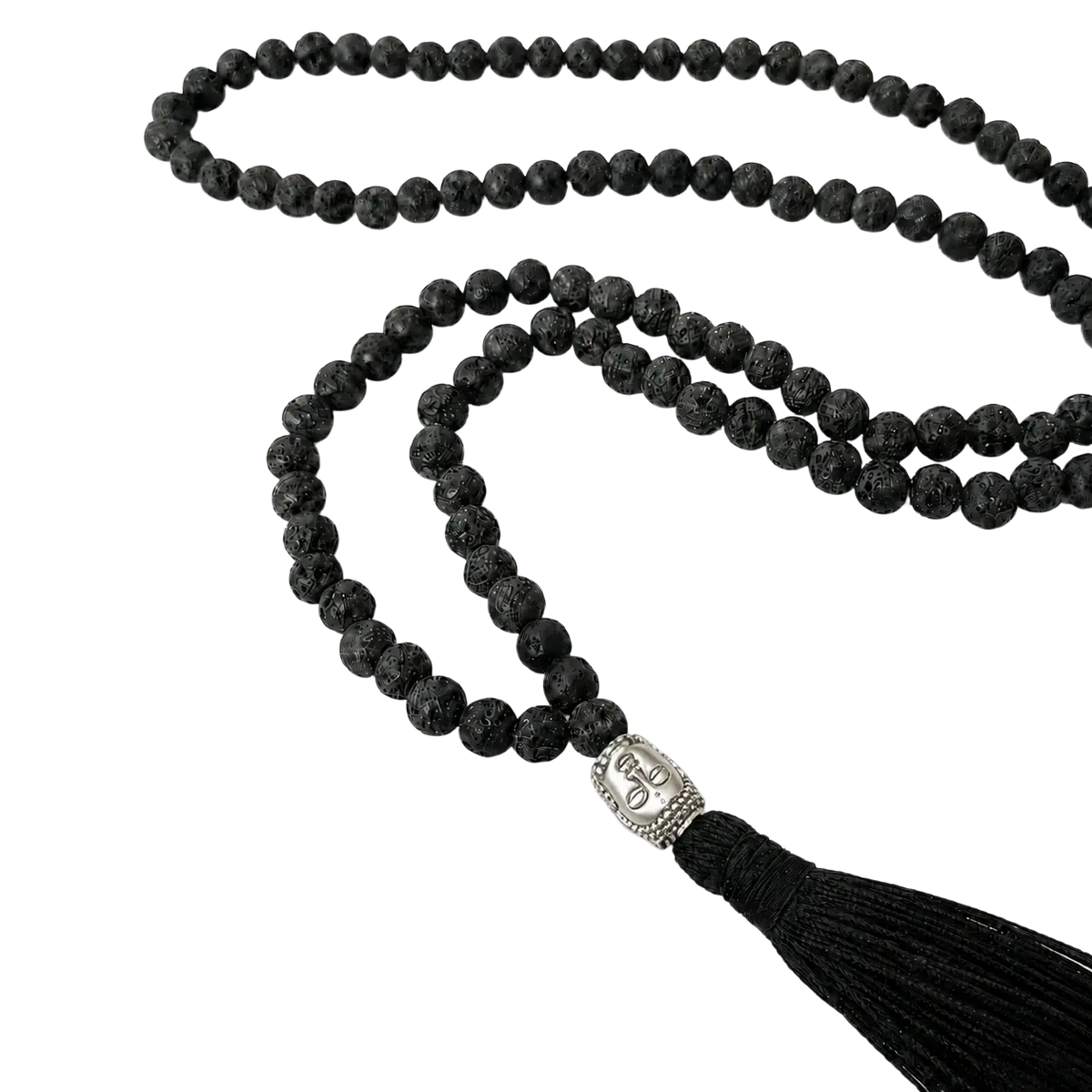 Schwarze Buddha-Halskette mit Lavaperlen und Quaste, Yak & Yeti Schmuck, elegantes Accessoire mit spirituellem Design