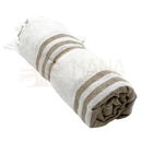Rolled beige and white striped cotton hammam spa towel with frayed edges 90 x 170 cm from mana shop image to zoom