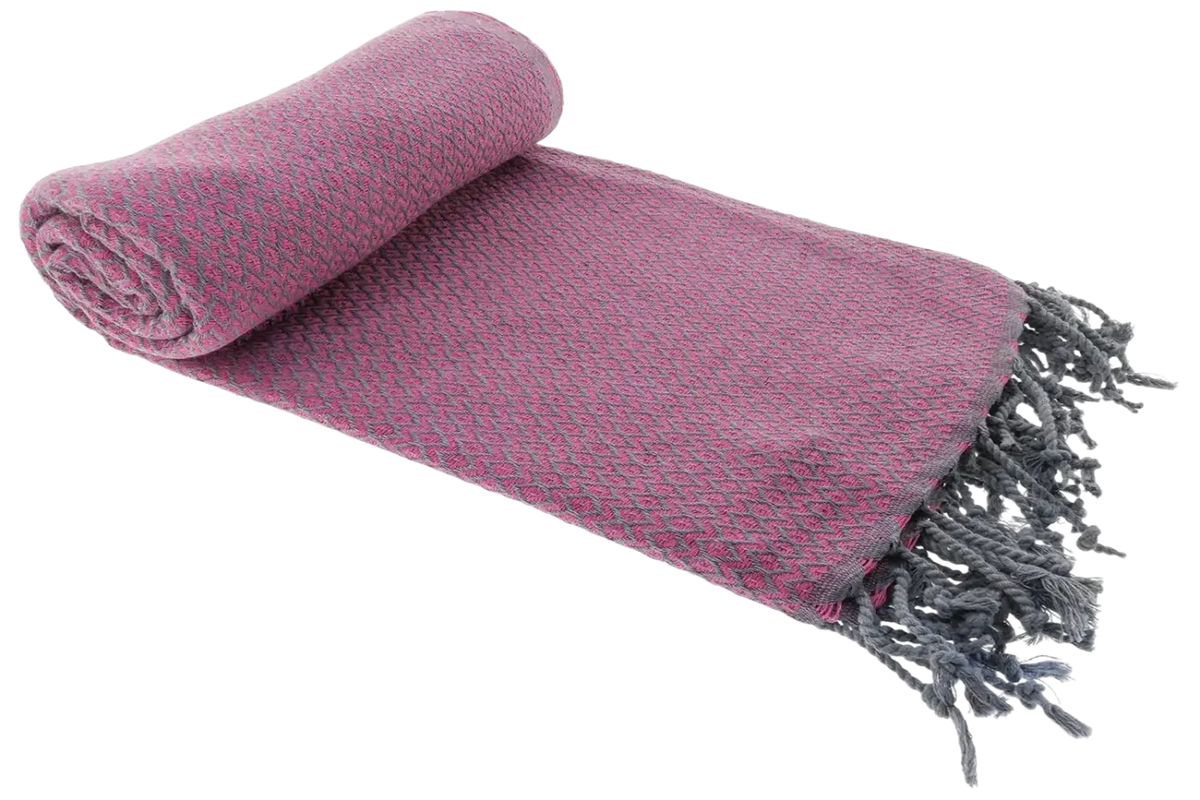 Hamamtuch bird eye kelim lux pink mint 100x180cm aus weichem magentafarbenem gewebe mit grauem fransenrand