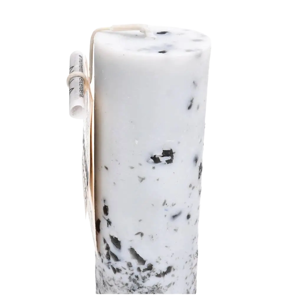 Handgefertigte Kerze mit Obsidian, Vives de la Cortada S.L, für Befreiung, als Nahrungsergänzung, weiße Kerze mit schwarzem Obsidian.