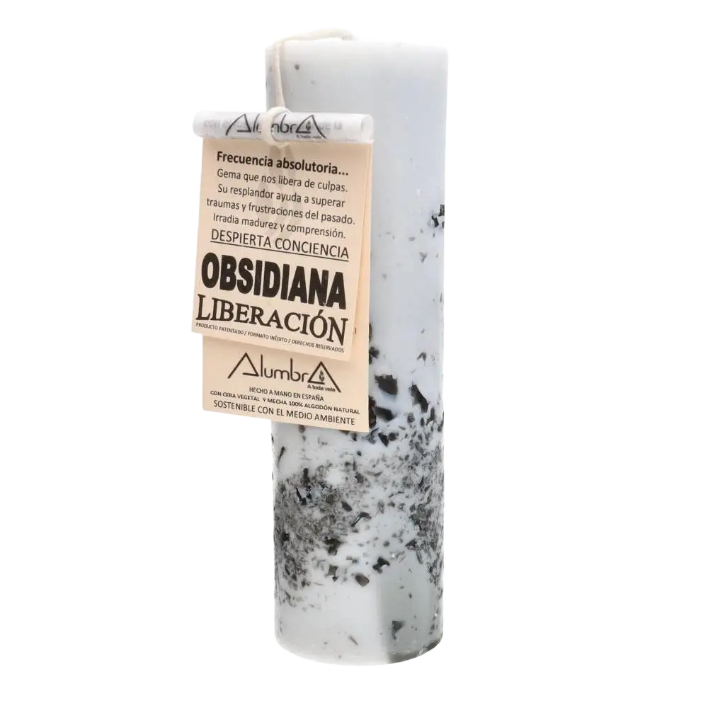 Handgefertigte Kerze mit Obsidian, Vives de la Cortada S.L, zur energetischen Befreiung, weiße Kerze mit schwarzem Obsidian.