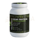 Weißer kunststoffbecher mit schwarzem etikett und grünem text und hanfblattdesign, feels supreme hanfprotein superfood mix 500 g