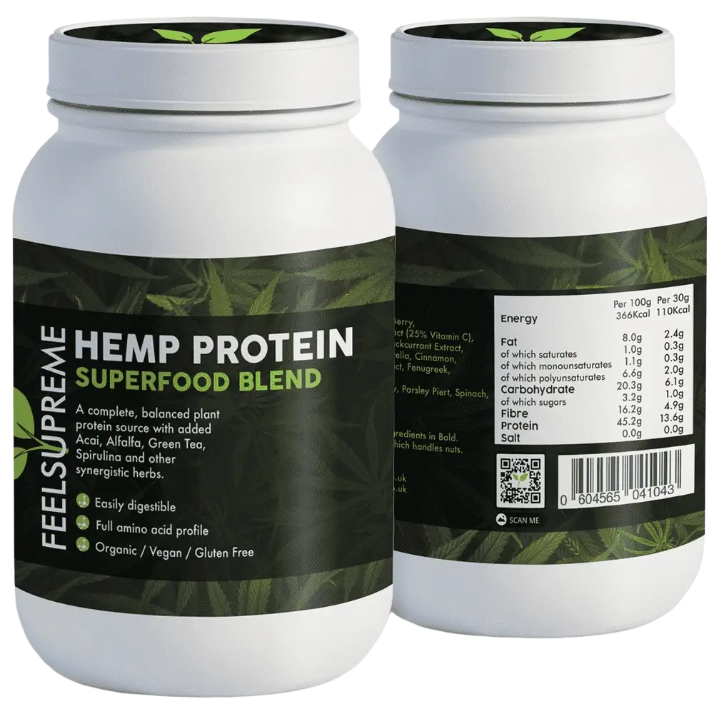Hanfprotein von Feel Supreme, 500 g, mit vollem Aminosäureprofil, in weißer Verpackung, als Nahrungsergänzungsmittel.