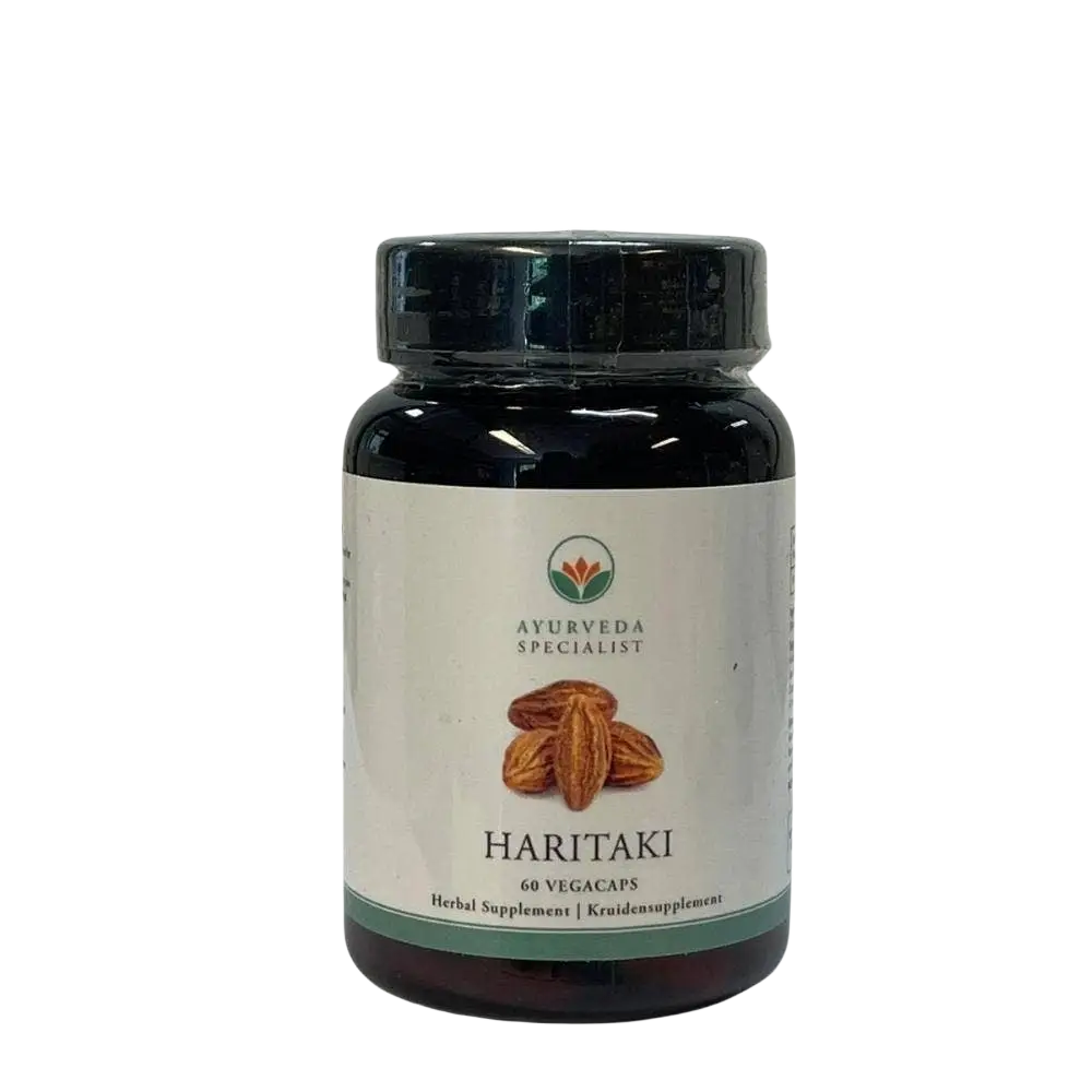 Haritaki Vegacaps von Ayurveda Specialist B.V. zur Unterstützung des Immunsystems und Entgiftung, in einer blauen Verpackung.