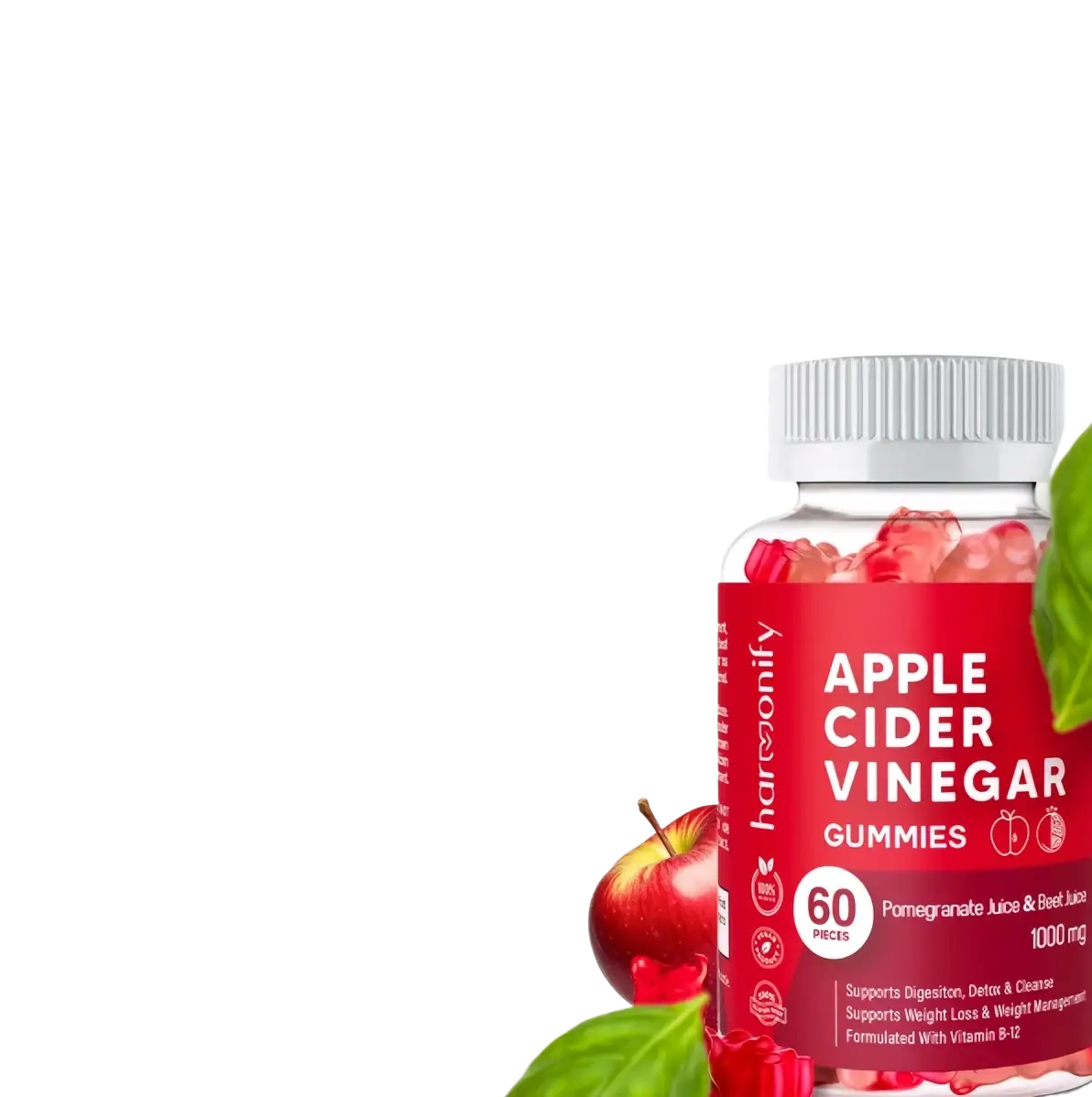 Harmonify Apfelessiggummis mit Granatapfel- und Rübensaft, B12 1000 mg, Nahrungsergänzung, natürliche Vitaminquelle