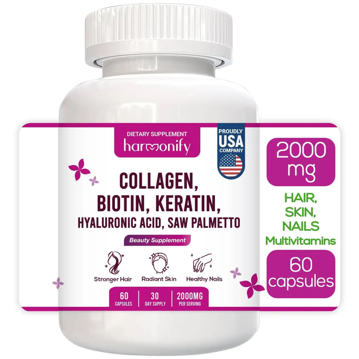 HARMONIFY Nahrungsergänzung mit Kollagen, Biotin, Keratin, Saw Palmetto und Hyaluronsäure für gesunde Haut, Haare und Nägel