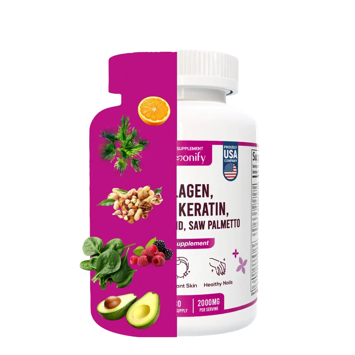 HARMONIFY Kollagen Biotin Keratin Saw Palmetto Hyaluronsäure Nahrungsergänzung, Nahaufnahme der Verpackung und Kapseln