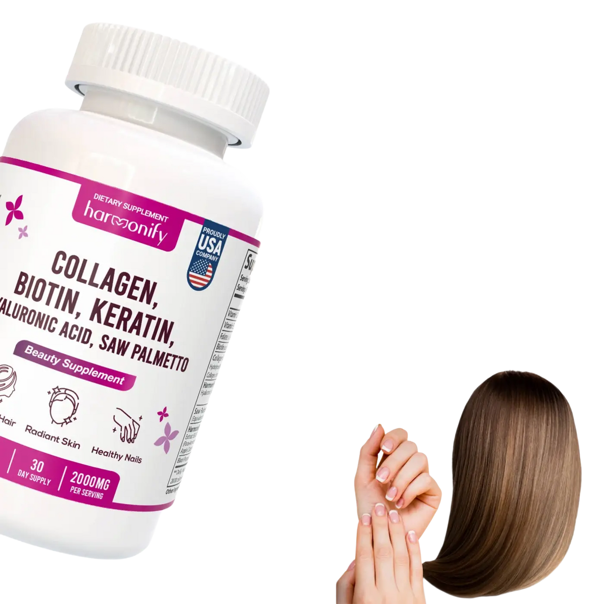 HARMONIFY Kollagen Biotin Keratin Nahrungsergänzung mit Hyaluronsäure und Sägepalme, flüssige Kapseln für Haar und Haut