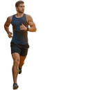 Ein muskulöser mann in navyblauem tanktop und schwarzen shorts läuft draußen mit harmonify coq10 coenzyme q10 von mana shop