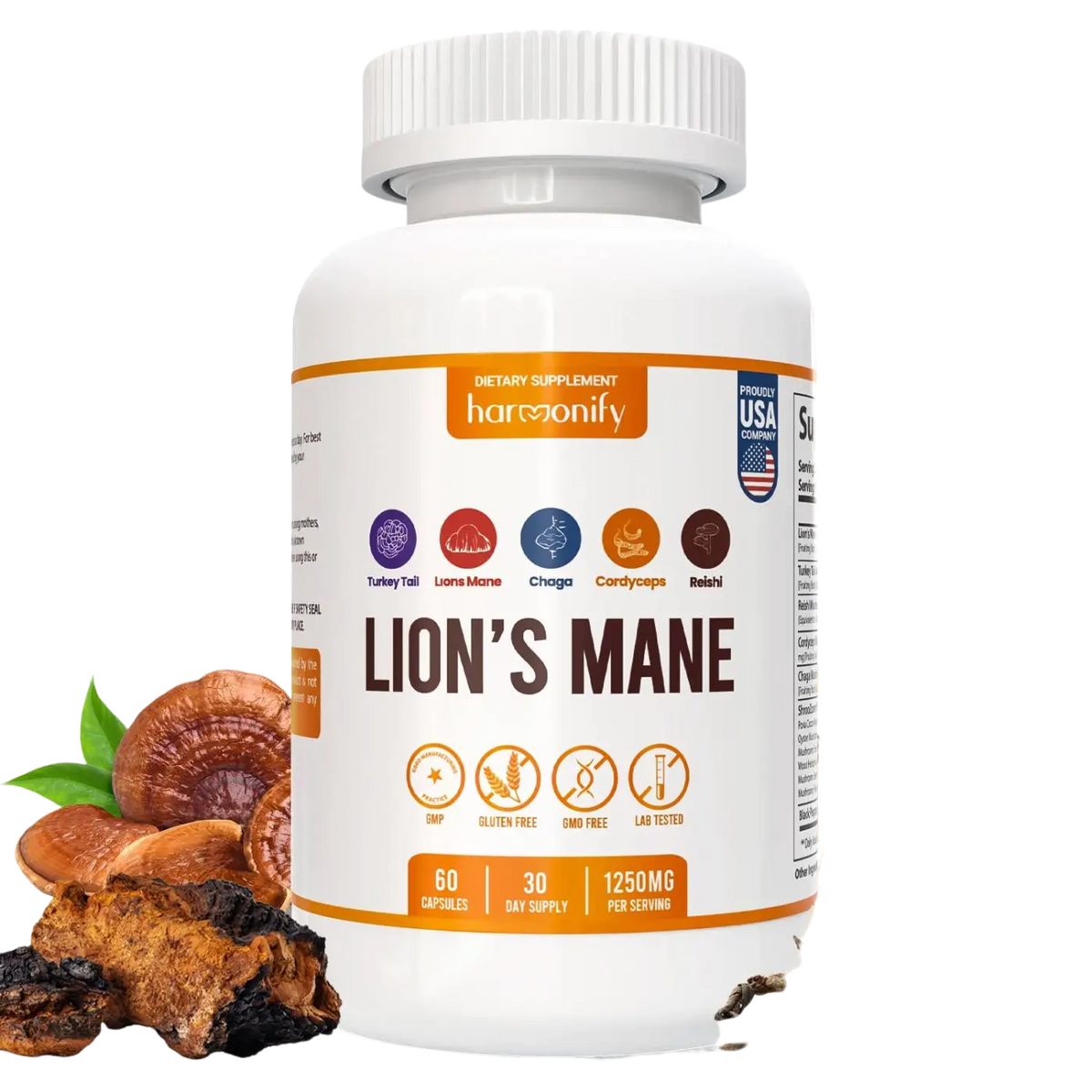 HARMONIFY Lions Mane Mushroom Complex Vitalpilze, 21-Pilz-Mischung, weiße Verpackung, Nahrungsergänzungsmittel