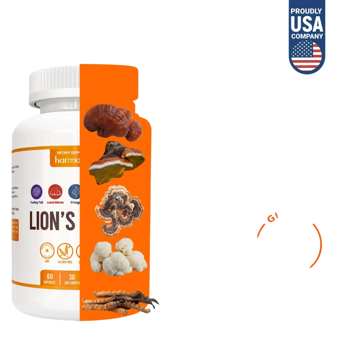HARMONIFY Lion’s Mane Pilzkomplex mit 21 Vitalpilzarten, weiße Verpackung, Nahaufnahme der Pillen und Produktlogo.