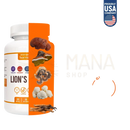 Weiße kunststoffflasche mit orangefarbenem etikett und pilz- und kräutermotiven für harmonify lions mane mushroom complex mit 21 mushroom blend