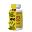 Yellow-labeled white plastic bottle of harmonify maca and fenugreek 1000 mg dietary supplement with botanical illustrations