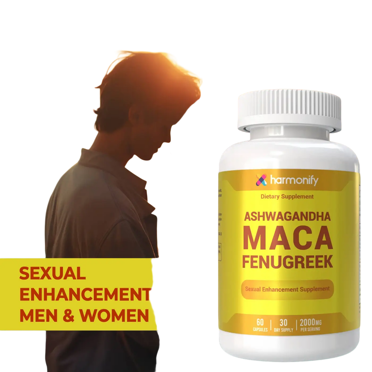 HARMONIFY Maca & Fenugreek Kräuter Nahrungsergänzung, weiße Tabletten, 1000 mg, natürliche Ergänzung gegen Energielosigkeit