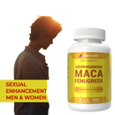 Weiße kunststoffflasche mit gelbem etikett und harmonify maca fenugreek kräuter 1000 mg zur sexualsteigerung
