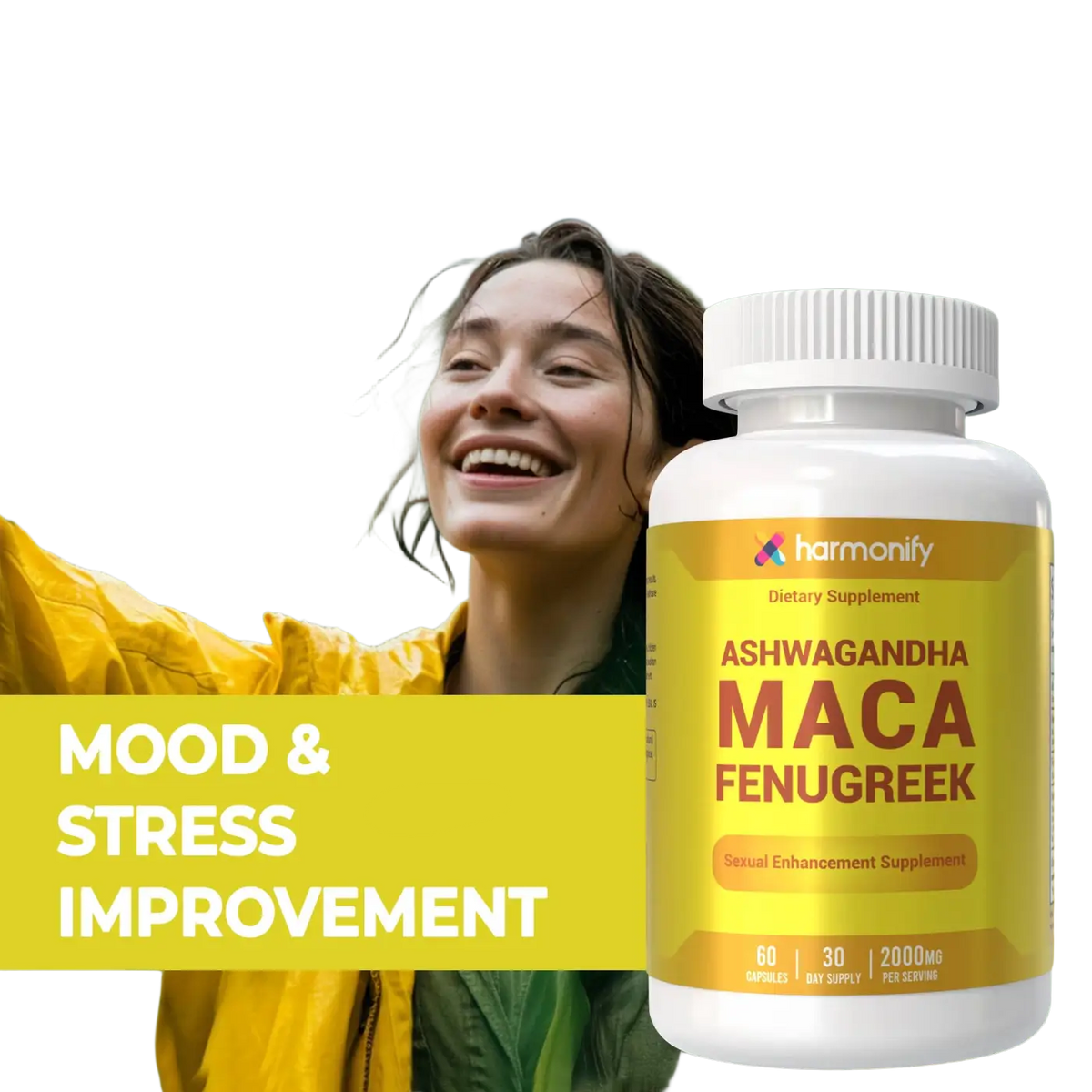 HARMONIFY Maca & Fenugreek Kräuter Nahrungsergänzung, weiße Verpackung, 1000 mg, kleine Tabletten, natürliche Inhaltsstoffe