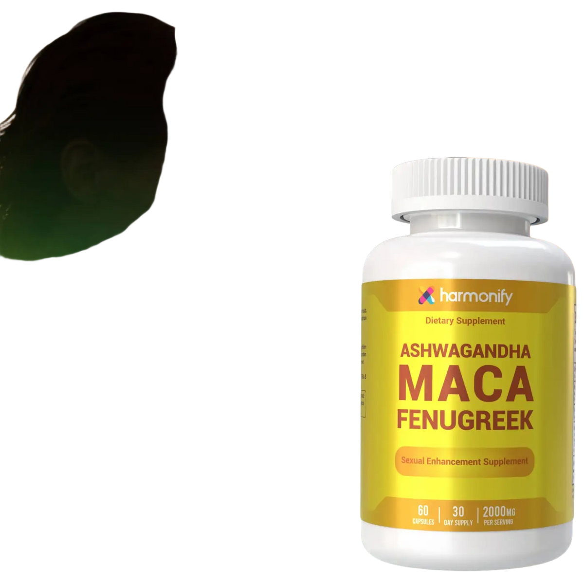 HARMONIFY Maca & Fenugreek Kräuter Nahrungsergänzung, weiße Verpackung mit Produktbeschreibung, 1000 mg Inhalt