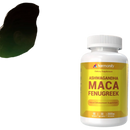 Weiße plastikflasche mit gelbem etikett und harmonify branding für maca und fenugreek kräuter 1000 mg supplement