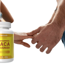 Weißes plastikfläschchen mit gelbem etikett und weißem verschluss harmonify ashwagandha aca greek als diät supplement