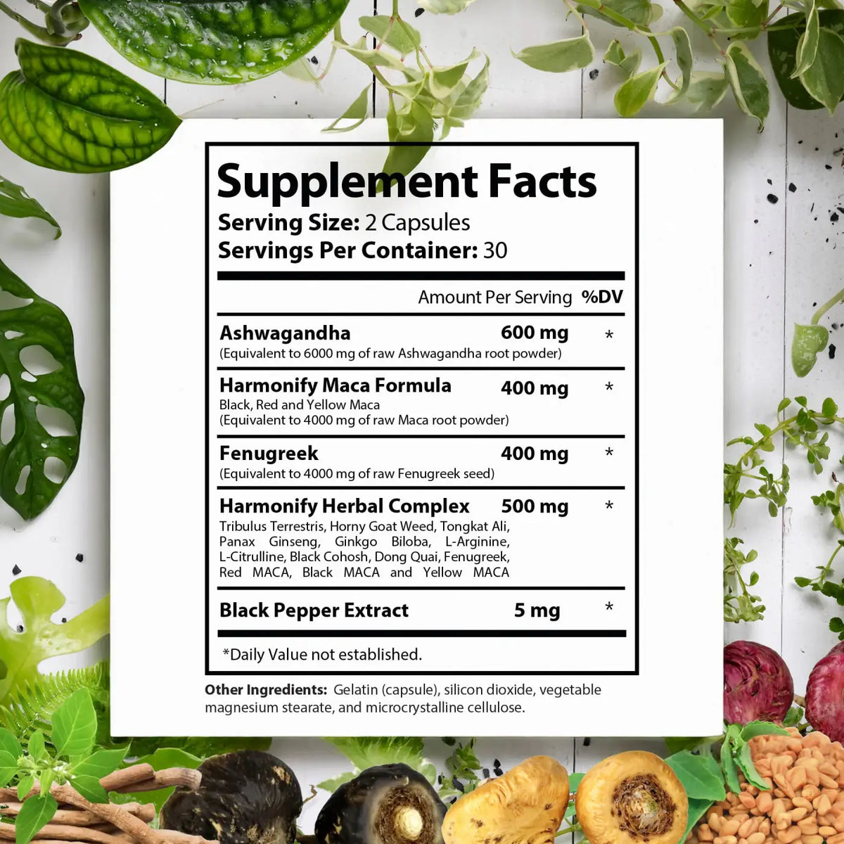 HARMONIFY Maca und Fenugreek Kräuter Nahrungsergänzung, weiße Verpackung, 1000 mg, natürliche Inhaltsstoffe