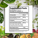 Weißer rechteckiger supplementfacts-etikett auf der rückseite von harmonify maca&fenugreek kräuter 1000 mg mit ashwagandha und kräuterzutaten