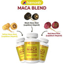 Weiß Kunststoffflasche mit gelbem Etikett und weißem Deckel von Harmonify Ashwagandha Maca Fenugreek Nahrungsergänzung