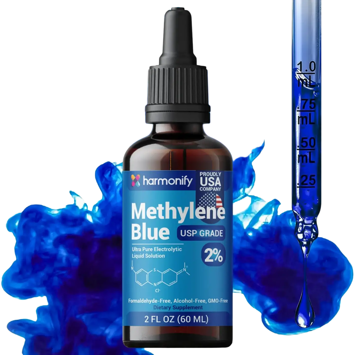 HARMONIFY Methylenblau Nahrungsergänzung 60 ml in dunkler Flasche mit blauer Flüssigkeit, USP-Qualität, 2% Konzentration