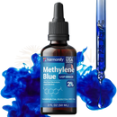 Dunkelbraune glasflasche mit schwarzem tropfverschluss und blauem etikett harmonify methylene blue lösung höchste reinheit