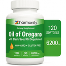 Nahrungsergänzung: HARMONIFY Oreganoöl mit Schwarzkümmelöl in 120 Weichkapseln, Ansicht der Packung und Kapseln.