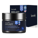 Himalaya-Shilajit in Goldqualität, Nahrungsergänzung von HARMONIFY, zeigt reines, dunkles Shilajit-Harz in einer Glasdose.