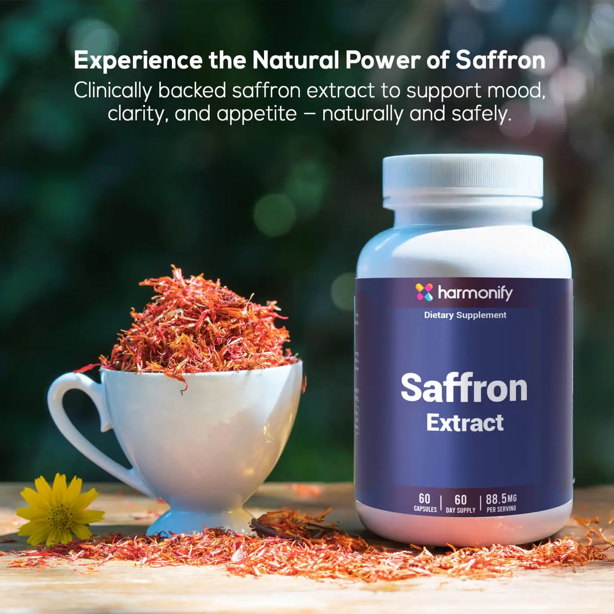 HARMONIFY Safranextrakt 88,5 mg in veganen Kapseln, Unterstützung für Stimmung, Augen und Appetit, aus Crocus sativus L.