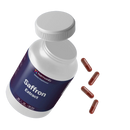Weiße plastikflasche mit navy blauem etikett und silbernem verschluss enthält vegane kapseln aus crocus sativus saffranextrakt