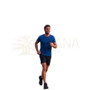 Ein mann in blauem sportshirt und schwarzen shorts läuft einen bergpfad entlang neben harmonify shilajit 1000 mg mit 20 % fulvinsäure packung