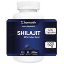 Weiße plastikflasche mit dunkelblauem harmonify shilajit etikett 120 kapseln 1000 mg mit 20 % fulvinsäure image to zoom
