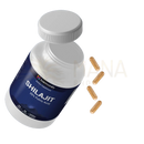 Weißes plastikfläschchen mit navyblauem etikett harmonify shilajit 20 prozent fulvinsäure und vier goldbraune kapseln zum image to zoom