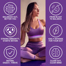 Lila sportliches crop top mit weiß und helllila gestreiftem saum passend zu harmonify vaginale probiotische kapseln für tägliches weibliches gleichgewicht
