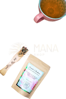 Beige pouch of heart chakra anahata grüntee by ayamani naturals with jasmine rose herbs and floral label