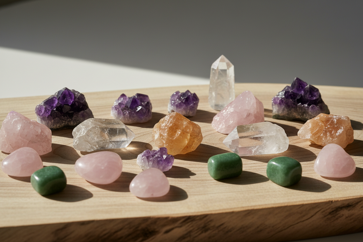 Verschiedene Heilsteine und Kristalle wie Amethyst, Rosenquarz und Bergkristall auf Holz.