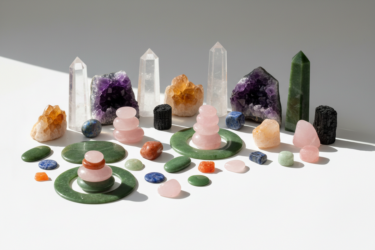 Verschiedene Heilsteine, Amethyst-Geoden und Rosenquarz-Edelsteine auf weißem Untergrund.