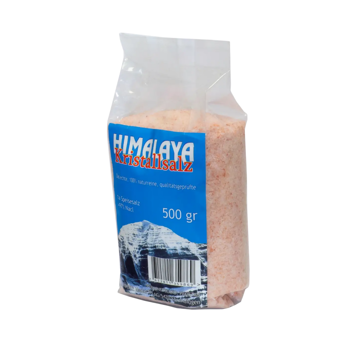 Ein 500g paket himalaya salz gemahlen mit rosa himalayan crystal salt in einer durchsichtigen blautütentasche