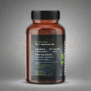 Dunkle bernstein glasflasche mit schwarzem rippenverschluss und schwarzem etikett in grün mit feels supreme himalaya shilajit kapseln mineralien 400mg und fulvinsäure